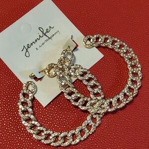 Rhinestone Chain Link Flat Hoop Earrings - Gold